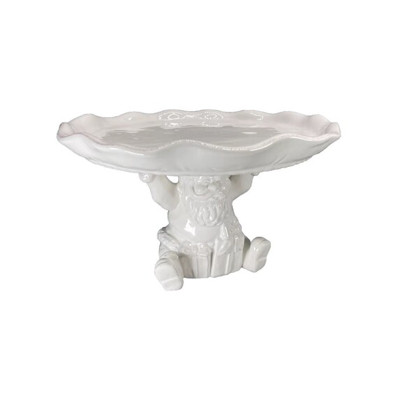 HTF Pier 1 Imports Christmas White Santa Pedestal Cake Stand Pastry Cookie Tray
